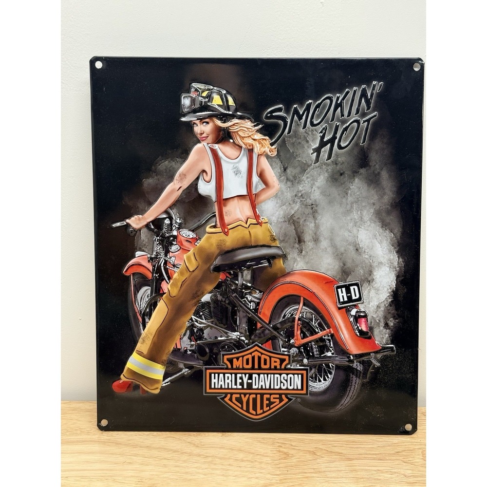 HARLEY DAVIDSON SMOKIN HOT FIREFIGHTER GIRL HEAVY DUTY USA MADE METAL SIGN 12x14